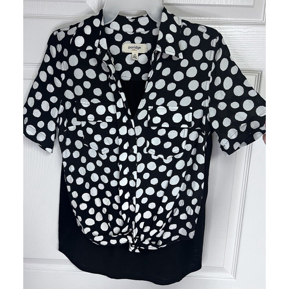Porridge Clothing Anthropologie Black Polka Dot Tie Waist Button Shirt Sz XS